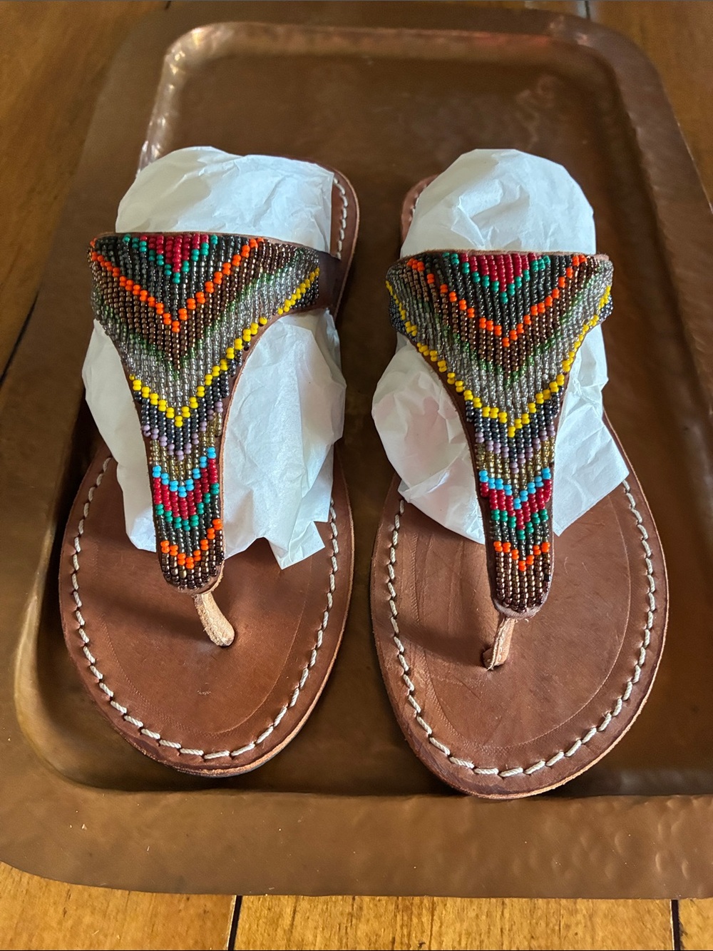 Laidback London Beaded Brown Leather Thong Sandals 39